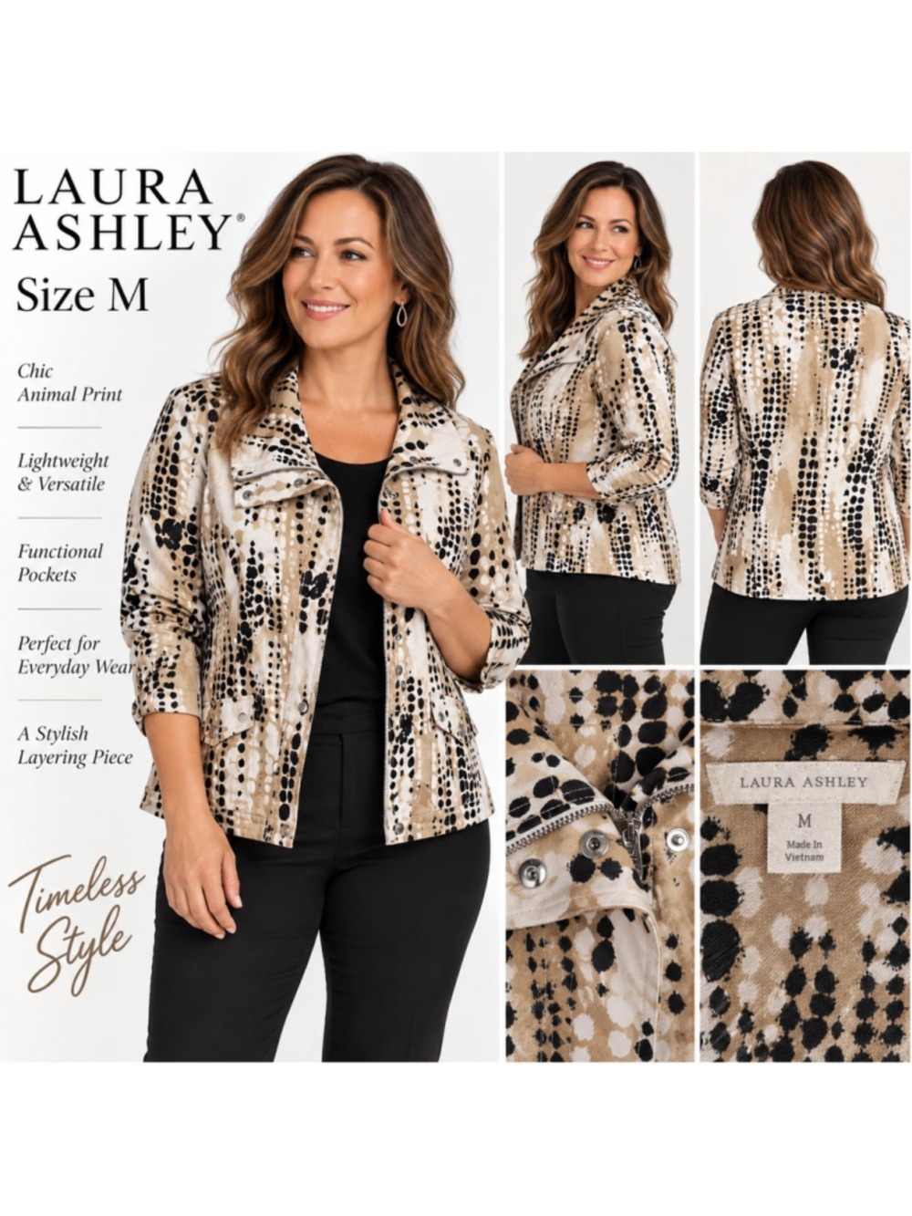Laura Ashley Utility Jacket Size Medium Beige Black Animal Print